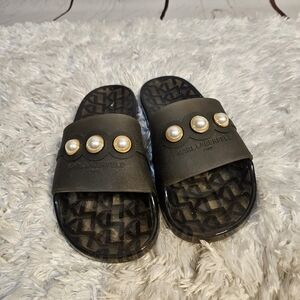 Karl Lagerfeld Paris Pearl Embellished Logo‎ Slides Sandals